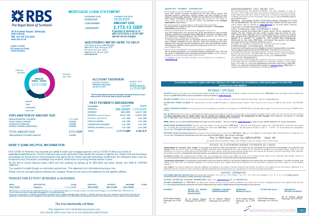 United Kingdom Royal Bank of Scottish (RBS) bank mortgage loan statement in Word and PDF formats , 4 pages 1 2